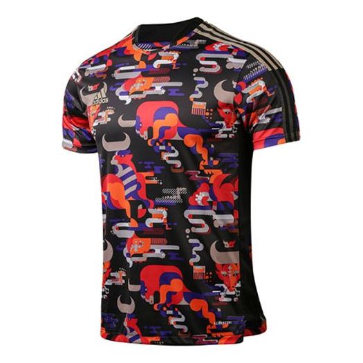 adidas Tiro Jsy Cny Printing Round Neck Soccer/Football Sports Short Sleeve Black GT9743