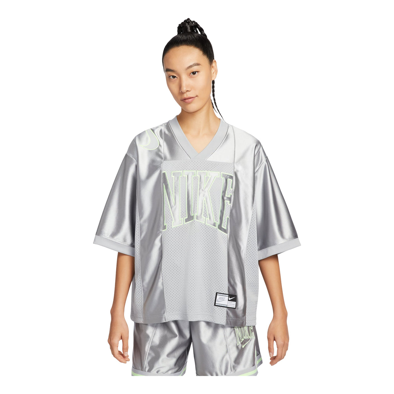 (WMNS) Nike Sportswear Street Oversized Graphic Jersey Top Asia Sizing 'Smoke Grey Barely Volt' HJ0281-077