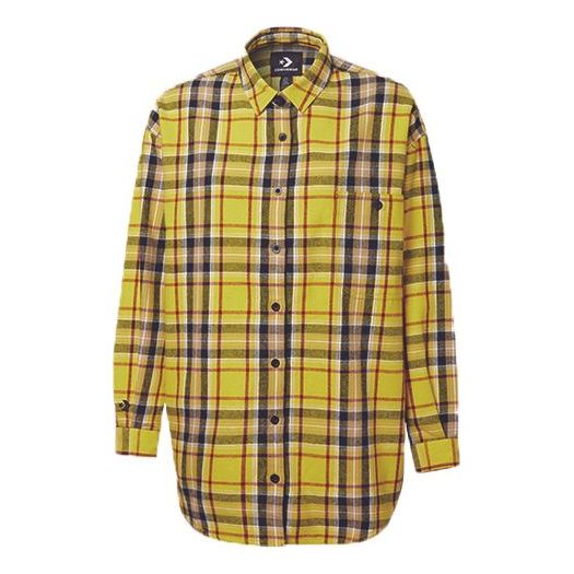 (WMNS) Converse mid-length Contrasting Colors Plaid Loose Long Sleeves Shirt Yellow 10020880-745