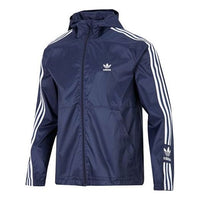 adidas originals Logo Micro Mark Stripe Athleisure Casual Sports hooded Woven Jacket Navy Blue HC2007