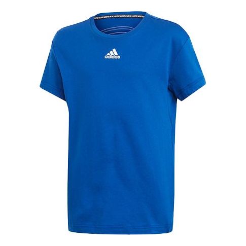adidas Stripe Printing Big Boys Training Sports Short Sleeve Blue ED6487