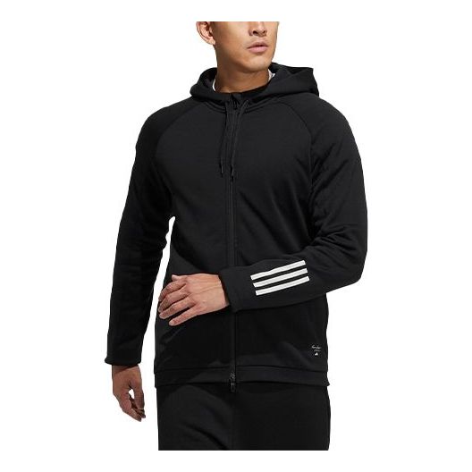 adidas Stripe Printing Fleece Lined Sports Hooded Jacket Black H40864