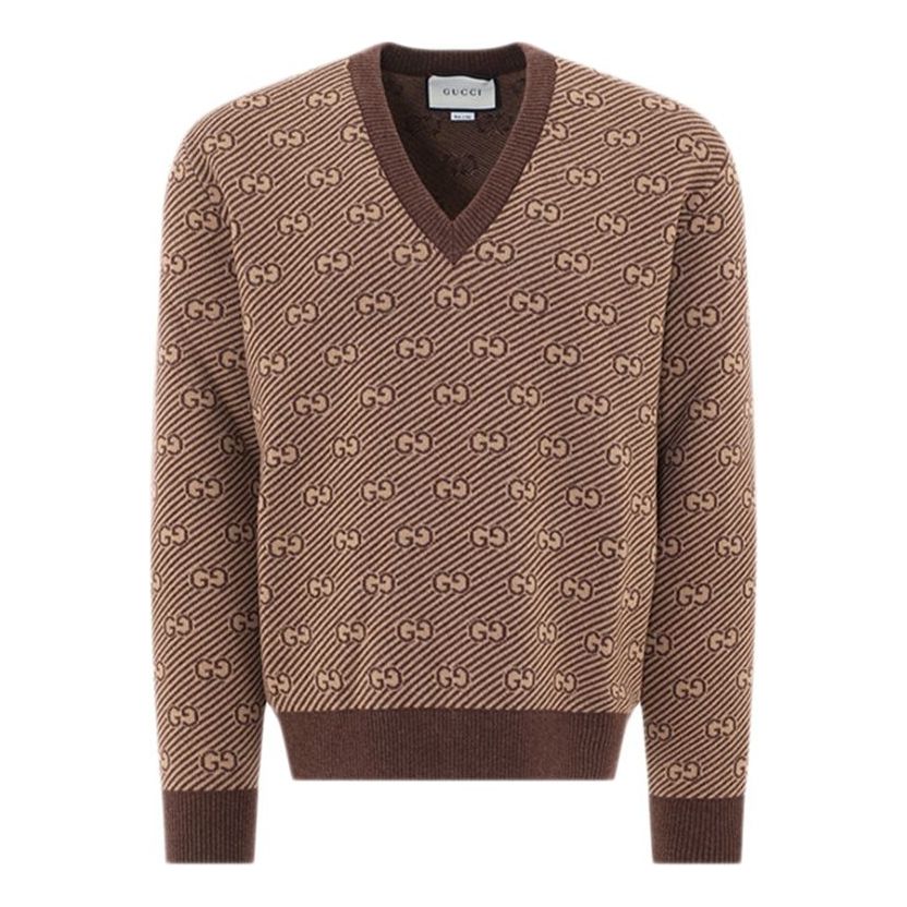 Men's Gucci SS21 Alphabet Pattern V Neck Wool Sweater Brown 626643-XKBFZ-2381