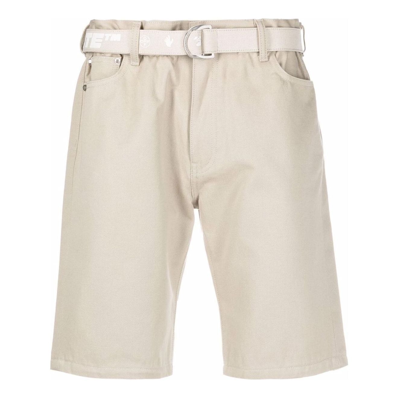Men's Off-White Solid Color Waist Button Straight Cotton Shorts Creamy White OMYC005F21DEN0021701