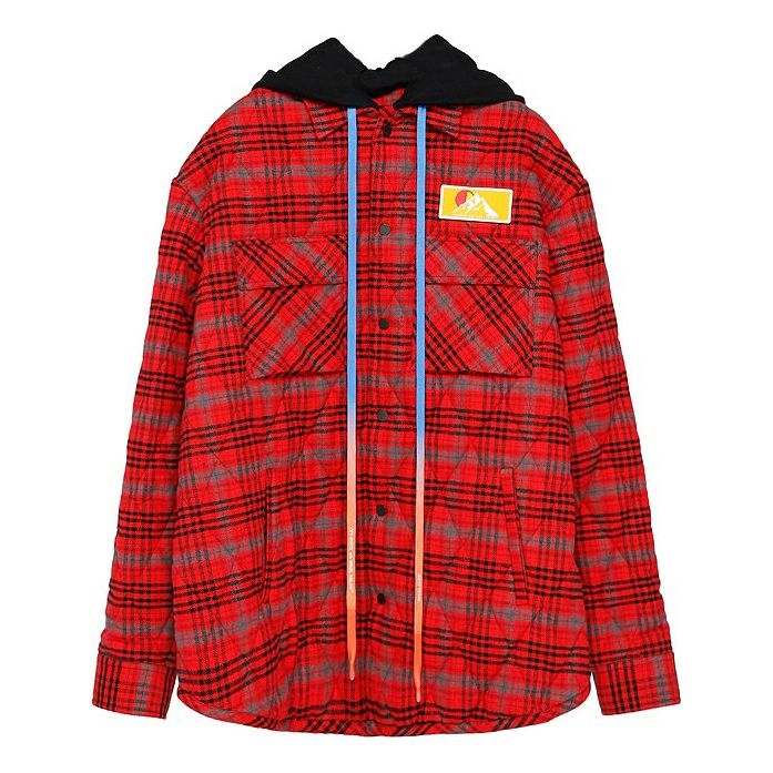Off-White Mens Loose Padded Flannel Plaid Hooded Shirt Jacket OMEA201F19F330032000