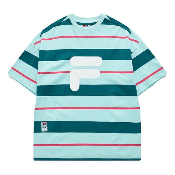FILA FUSION Contrasting Colors Stripe Loose Sports Short Sleeve Pink Green T11W122114F-TQ