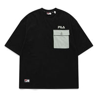 FILA FUSION Contrasting Colors Pocket Round Neck Loose Sports Short Sleeve Couple Style Black T11U126102F-BK