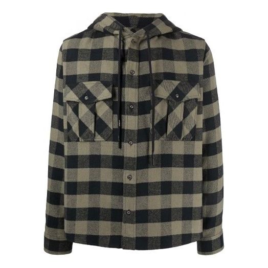 Off-White FW21 Arrow Pattern Logo Printing Plaid hooded Long Sleeves Shirt Version Green OMGA125F21FAB0011001