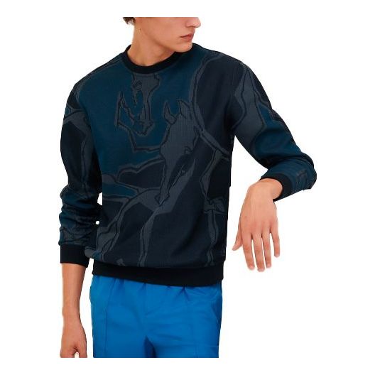 Men's HERMES SS21 Pattern Printing Round Neck Long Sleeves Navy Blue H157780HA01