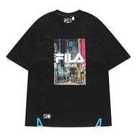 FILA FUSION Printing Logo Sports Loose Short Sleeve Couple Style Black T11U136102F-BK