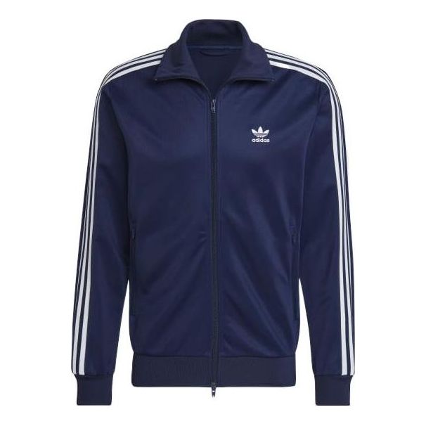 Men's adidas originals Retro Sports Stripe Logo Zipper Stand Collar Jacket Navy Blue HK7364