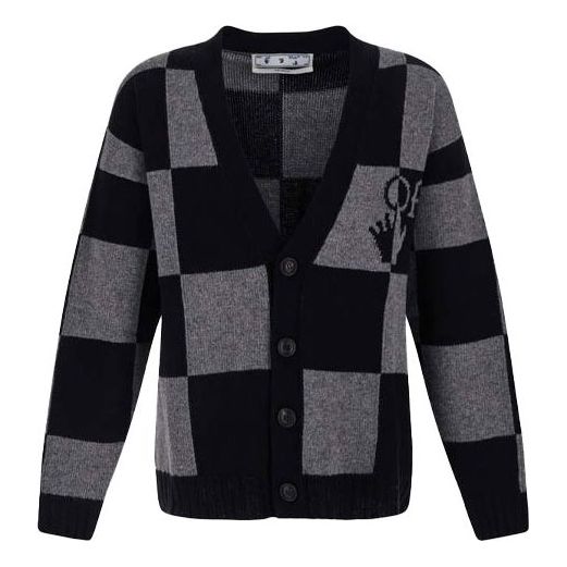 Off-White FW21 Grid Long Sleeves V neck Cardigan Ordinary Version Black OMHB010F21KNI0011010