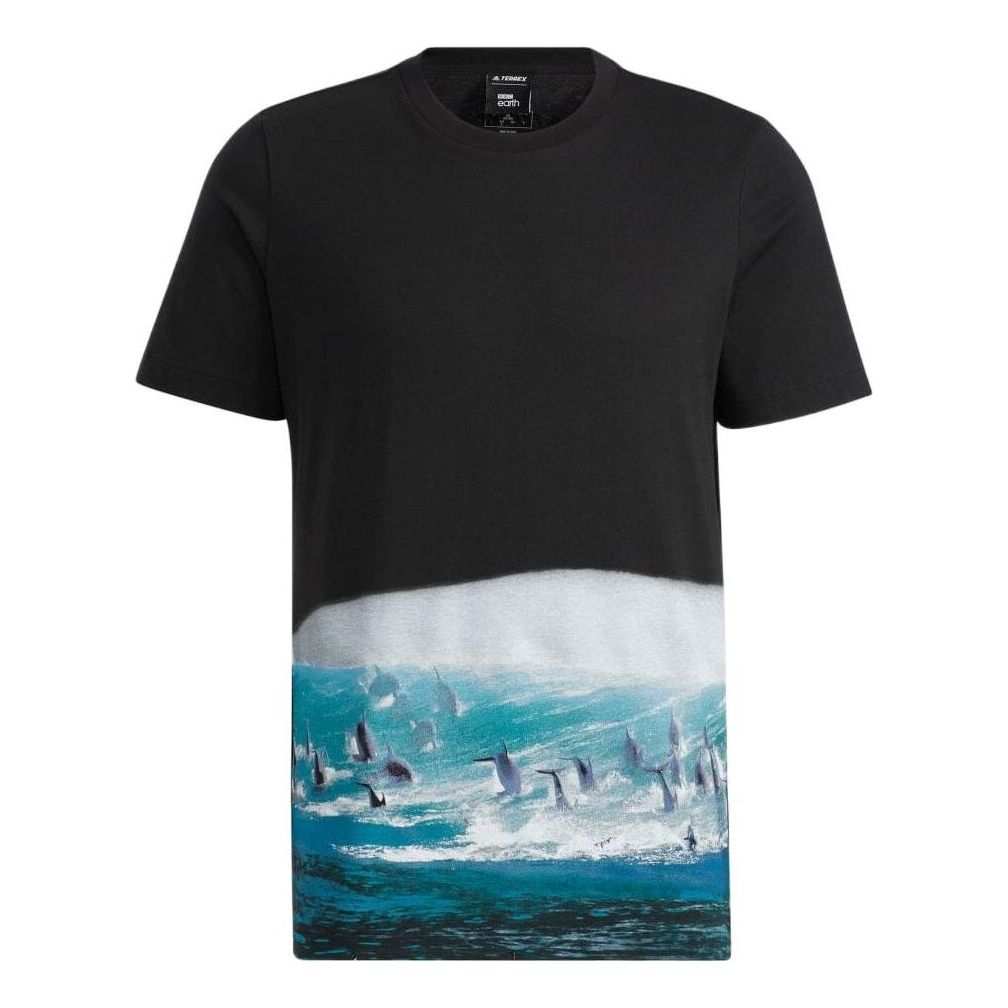 adidas Landscape Pattern Printing Round Neck Pullover Short Sleeve Black T-Shirt HE5193