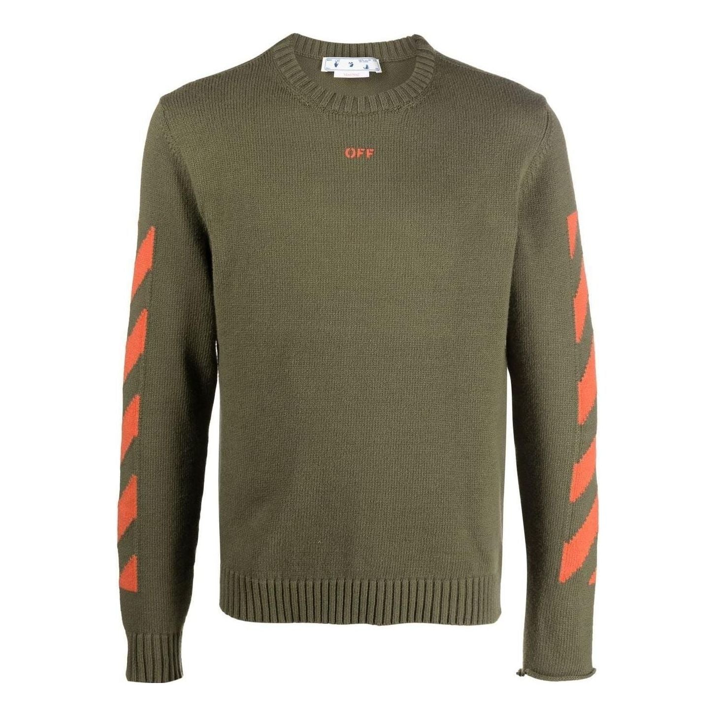 Men's Off-White Logo Pattern Round Neck Pullover Slim Fit Version Green OMHE023F22KNI0015620