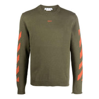 Men's Off-White Logo Pattern Round Neck Pullover Slim Fit Version Green OMHE023F22KNI0015620