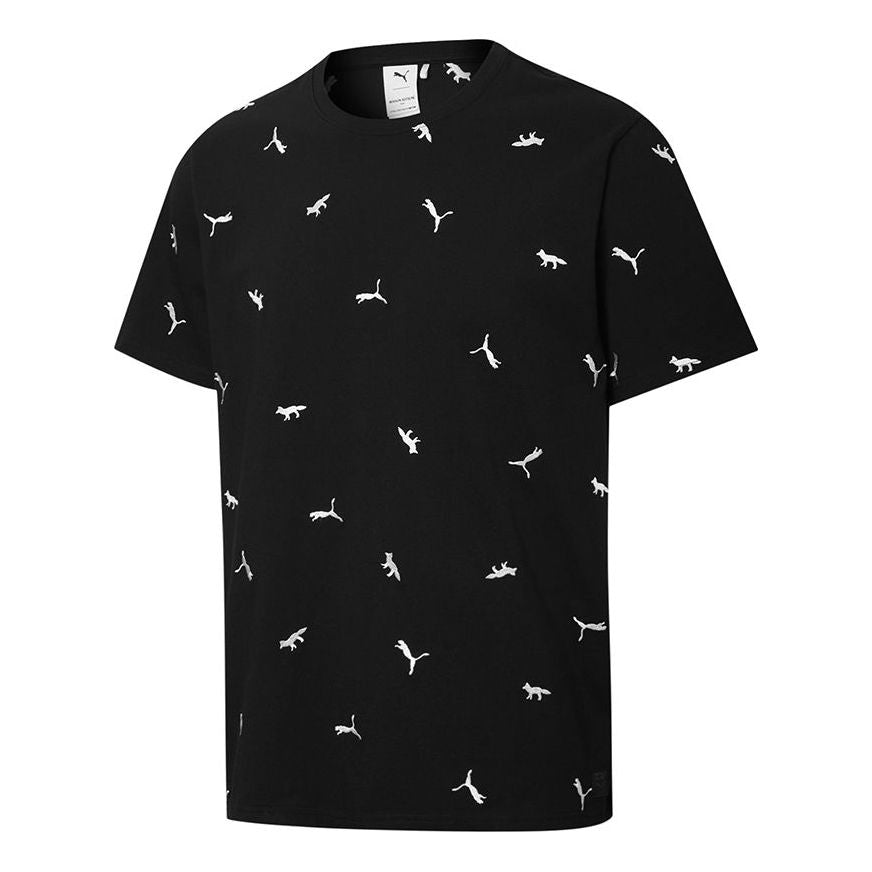 PUMA x Maison Kitsune Crossover Aop Tee Embroidered Logo Sports Round Neck Short Sleeve Black 530436-01