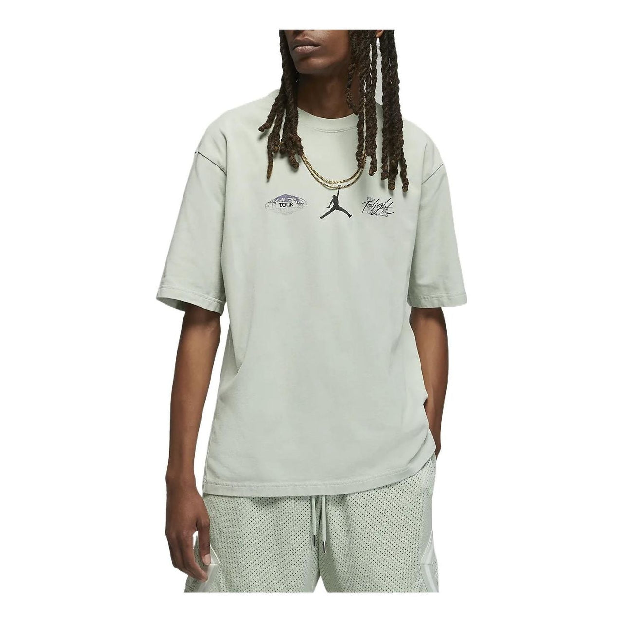 Men's Air Jordan Flight Heritage Back Alphabet Character Printing Round Neck Casual Short Sleeve Gray Green T-Shirt DM1444-017