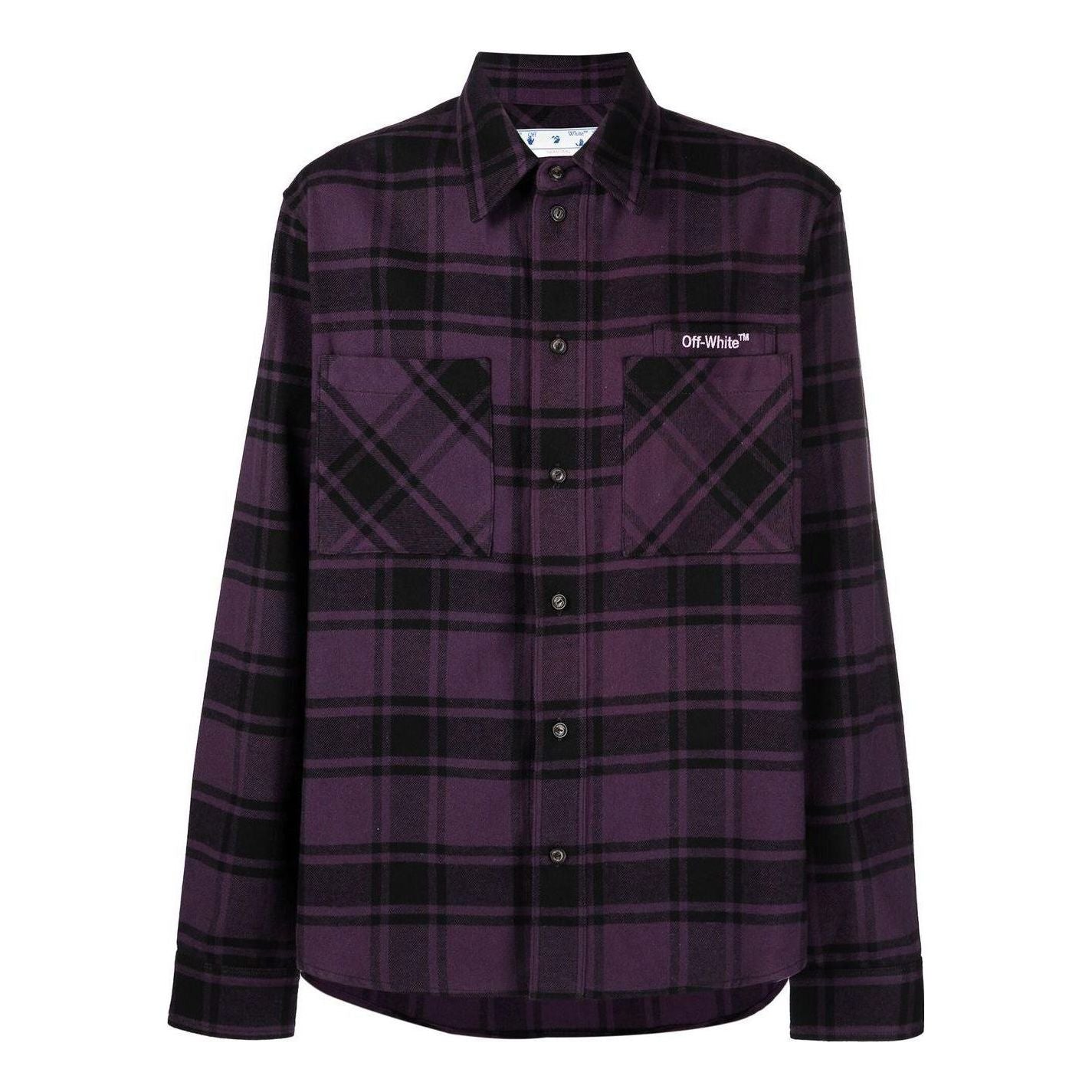 Men's Off-White Logo Printing Plaid Long Sleeves Dark Purple Shirt OMGA133F22FAB00235363536
