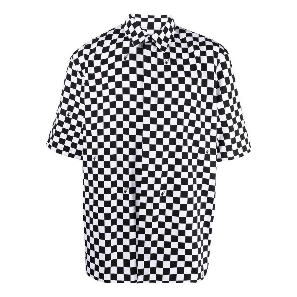 Men's Off-White Plaid Lapel Short Sleeve Black Shirt OMGA216S22FAB0021001
