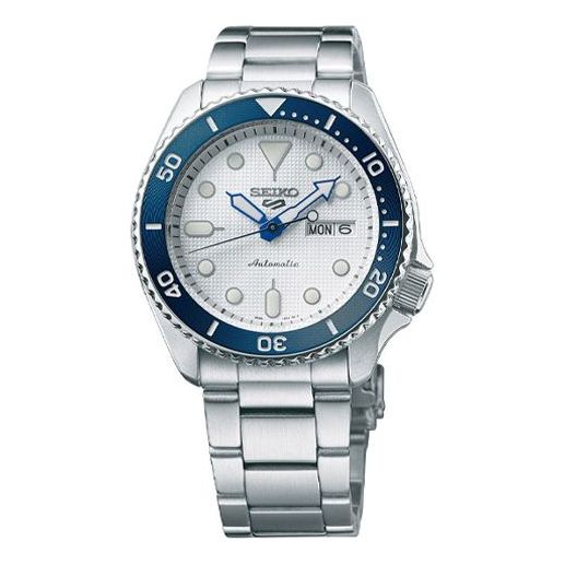 Men's SEIKO 140 Anniversary Limited Edition SEIKO 5 Sports Mechanical Watch White Dial Blue Steel Strip SRPG47K1