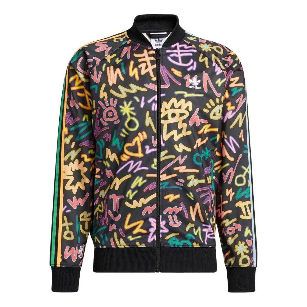 adidas originals Full Print Geometry Pattern Stripe Baseball Collar Long Sleeves Jacket Japanese version Black HC3088