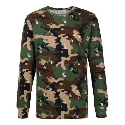 Men's Off-White SS21 Camouflage Printing Loose Long Sleeves Green T-Shirt OMAB001S21JER0115600