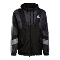 Men's adidas Logo Printing Drawstring Hooded Zipper Sports Jacket Black H31442