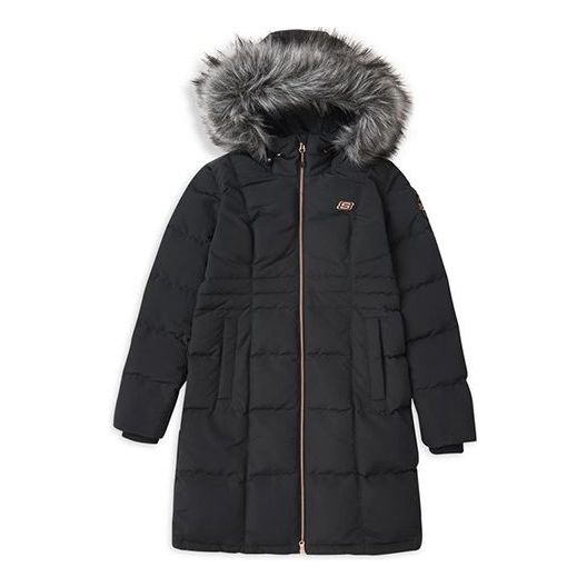 (WMNS) Skechers Long Waist-Drawstring Furry Hooded Down Jacket 'Black White' L419W046