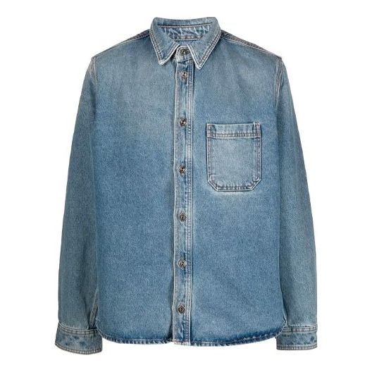 Men's Off-White FW21 Casual Distress Denim Long Sleeves Loose Fit Blue Shirt OMYD030F21DEN0014101