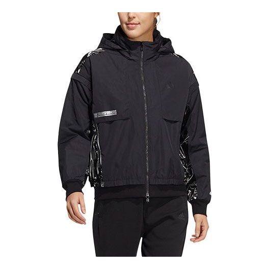 (WMNS) adidas x Transformers Crossover CNY Solid Color Hooded Zipper Splicing Long Sleeves Jacket Black HM7458