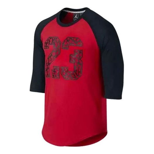 Men's Nike Numeric Printing Colorblock Round Neck Pullover Short Sleeve Red T-Shirt 718762-687