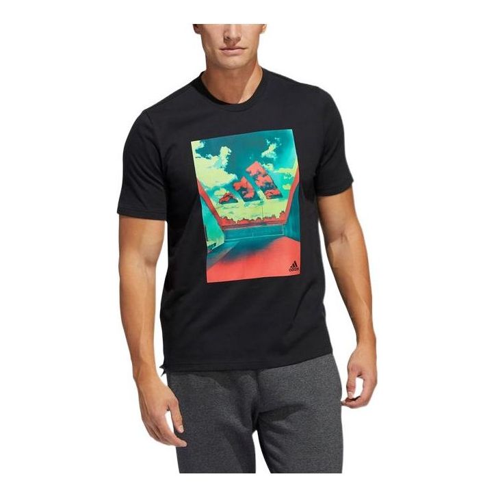 Men's adidas Landscape Logo Pattern Printing Round Neck Short Sleeve Black T-Shirt HE2302