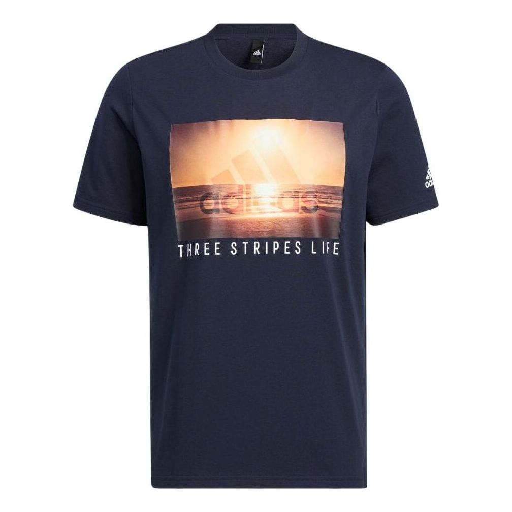 adidas Logo Sunset Printing Round Neck Short Sleeve Navy Blue HN0403