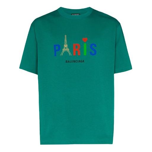 Men's Balenciaga Paris Love Regular T-Shirt Printing Short Sleeve Green 594579TGV433640