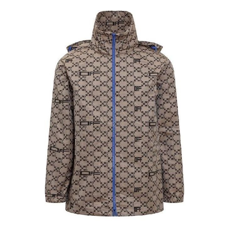 Men's Off-White SS22 Geometry Full Print Zipper Hooded Jacket Loose Fit Beige OMEB034S22FAB0016210