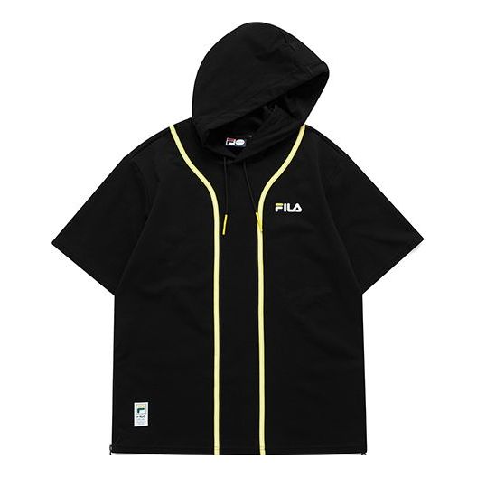 Men's FILA FUSION Contrasting Colors Stripe Splicing Knit hooded Short Sleeve Black T11M122501F-BK
