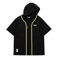 Men's FILA FUSION Contrasting Colors Stripe Splicing Knit hooded Short Sleeve Black T11M122501F-BK