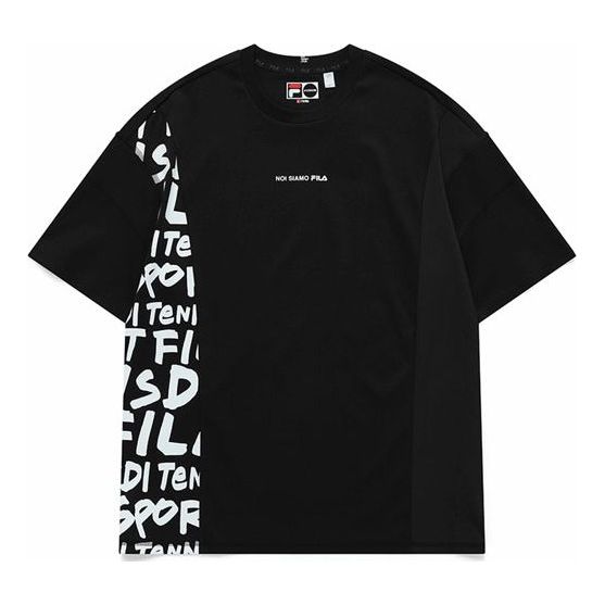 Men's FILA FUSION Printing Splicing Sports Loose Short Sleeve Black T-Shirt T11M121115F-BK