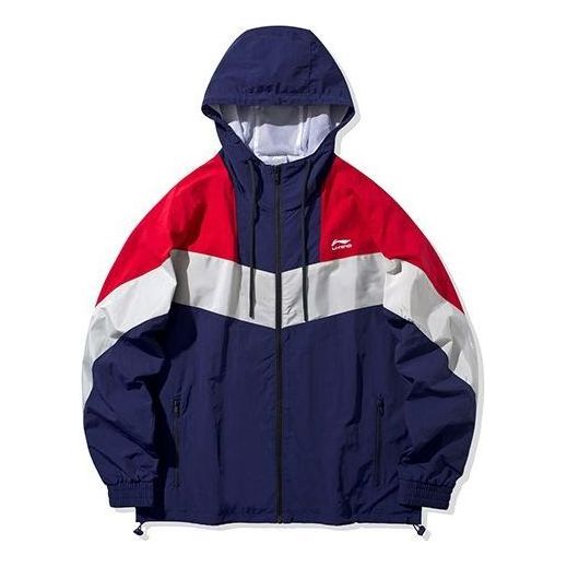 Li-Ning Colorblock hooded Drawstring Loose Jacket 'Navy Blue' AFDQ045-3
