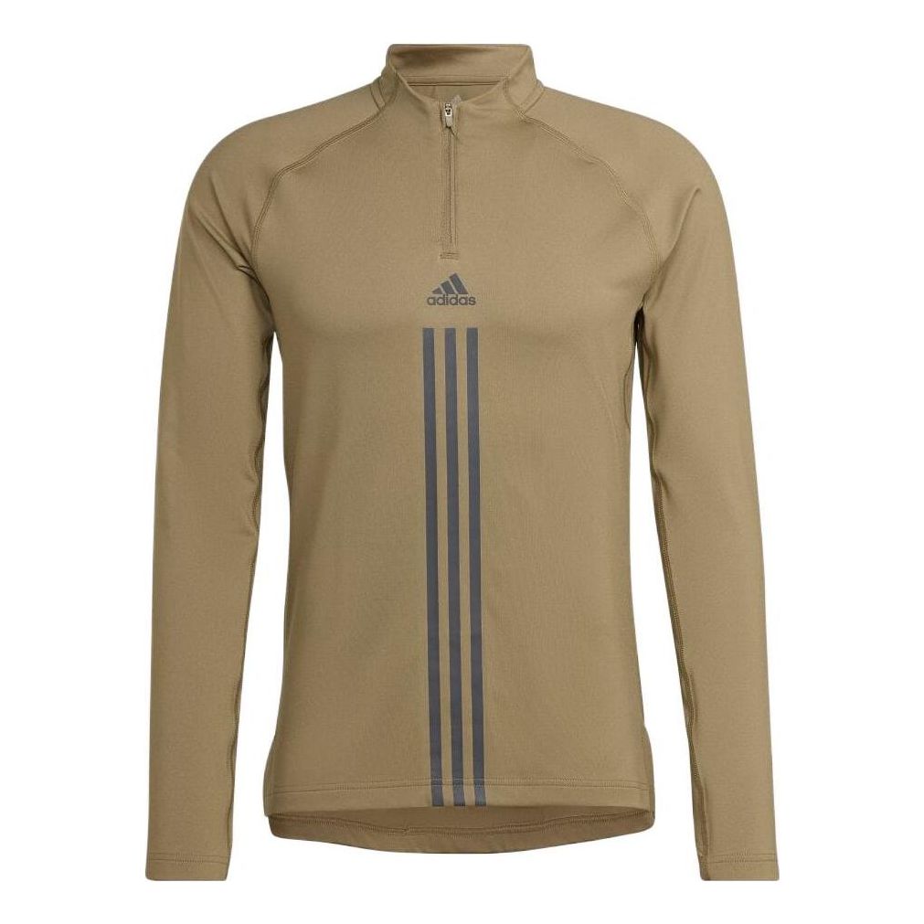 Men's adidas Half Zipper Stripe Logo Printing Sports Long Sleeves Green T-Shirt HY1024