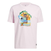 Men's adidas Logo Cartoon Character Printing Ribbed Round Neck Basketball Training Short Sleeve Pink T-Shirt HE0869