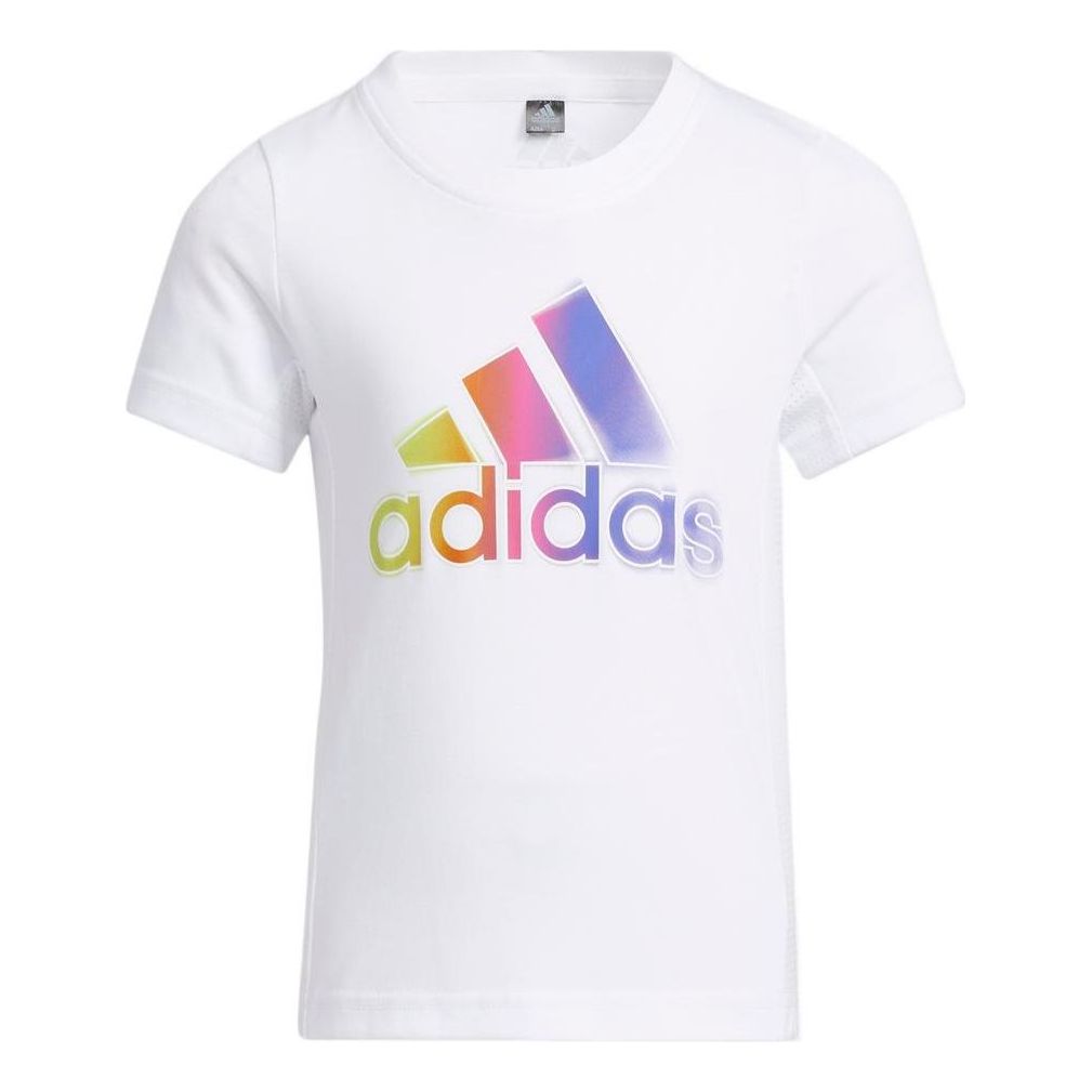 (WMNS) adidas Logo Cotton T-Shirt Asia Sizing 'White Purple Yellow' HE0039
