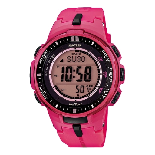 Men's CASIO Protrek Series 100 Meter Waterproof Date Display Quartz Watch Pink Red Resin Strap Mens PRW-3000-4B