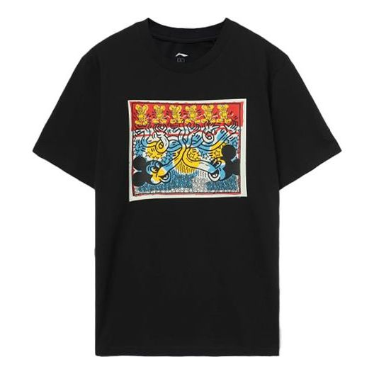 Li-Ning x Disney Crossover Mickey x Keith Haring Series Pattern Printing Sports Round Neck Short Sleeve Black AHSR499-2