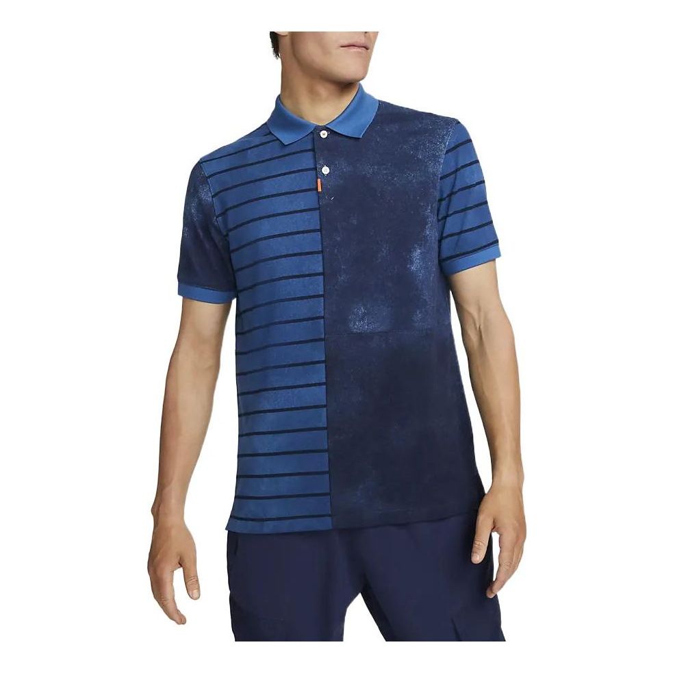 Men's Nike Stripe Splicing Lapel Short Sleeve Navy Blue Polo Shirt DH0967-407