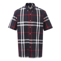 Men's Burberry Plaid Short Sleeve Shirt Navy Blue 40154301