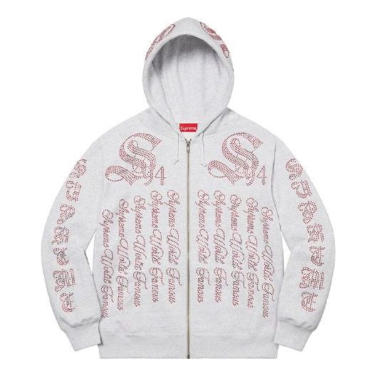 Supreme Rhinestone Zip Up Hooded Sweatshirt 'Grey Red' SUP-SS22-117