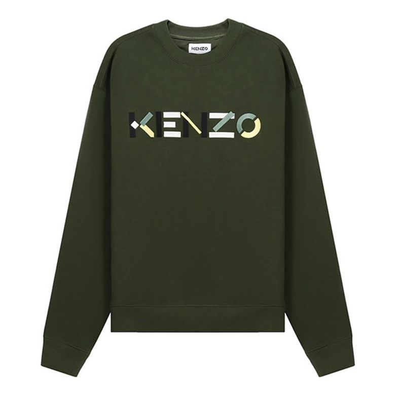 Men's KENZO SS21 Embroidered logo Fleece Lined Pullover Olive Green FB55SW5234MO-51