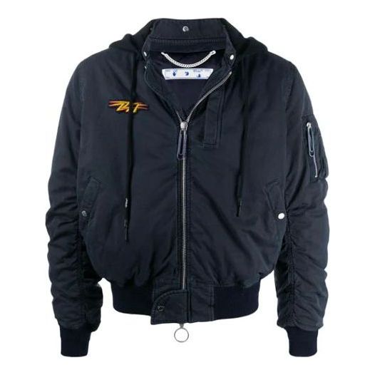 Off-White FW20 Stencil Vintage Applique Hooded Long-sleeve Jacket Men's Navy Blue OMEH017E20FAB0014501