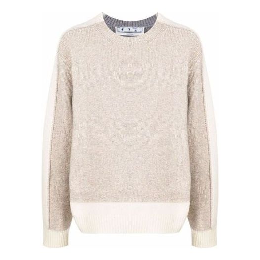 Men's Off-White FW21 Colorblock Round Neck Pullover Wool Sweater Loose Fit Beige OMHE094F21KNI0016105
